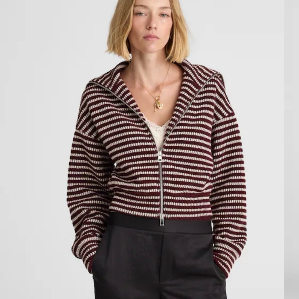 Madewell Burgundy and White Zip-Up Knit Jacket